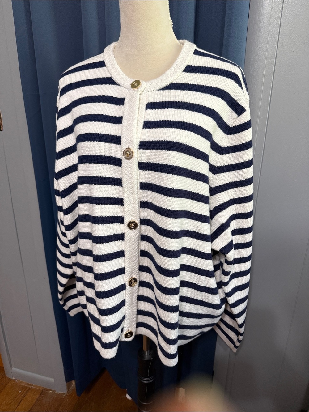 J Crew Striped Navy and White Button-Front Women’s Cardigan